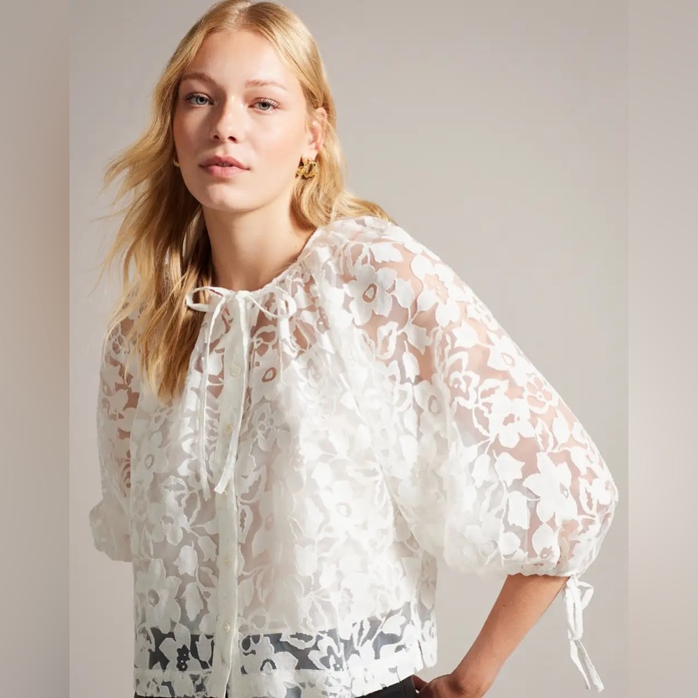 NWT Ted Baker Gillou Puff Sleeve White Sheer Floral Blouse